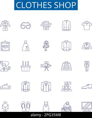 Clothes shop line icons signs set. Design collection of Clothing, Shop, Apparel, Garments, Outfit, Attire, Fashion, Store outline concept vector Stock Vector