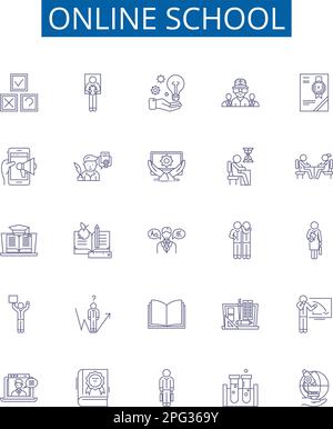 Online school line icons signs set. Design collection of E learning, Virtual, Online, Academy, Classes, Tutoring, Courses, Instruction outline concept Stock Vector