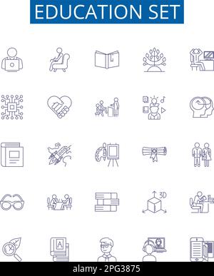 Education set line icons signs set. Design collection of Teaching, Learning, Schooling, Instruction, Courses, Classes, Training, Studies outline Stock Vector