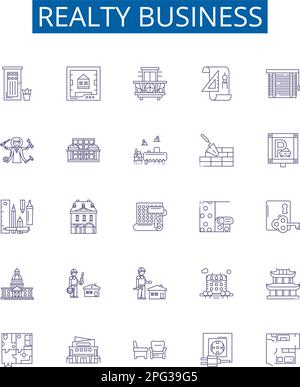 Realty business line icons signs set. Design collection of Realty, Business, Property, Homes, Land, Investing, Houses, Buyers outline concept vector Stock Vector