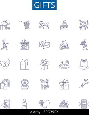 Gifts line icons signs set. Design collection of Presents, Favors, Souvenirs, Offerings, Tokens, Bonuses, Packages, Gratuity outline concept vector Stock Vector
