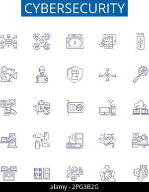 Cybersecurity line icons signs set. Design collection of Cybersecurity, Network, Security, Attack, Prevention, Monitor, Vulnerability, Malware outline Stock Vector