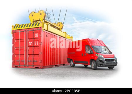 Delivery, shiiping and logistic concept. Red container and delivery van. 3d illustration Stock Photo