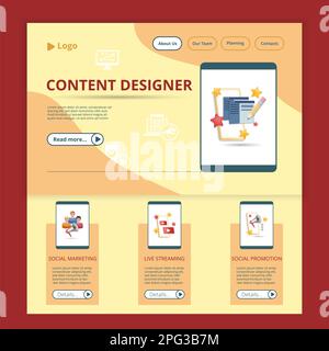 Content designer flat landing page website template. Social marketing, live streaming, social promotion. Web banner with header, content and footer Stock Vector
