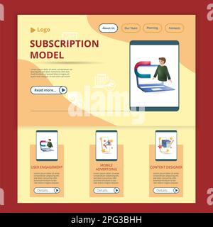 User engagement flat landing page website template. User engagement, mobile advertising, content designer. Web banner with header, content and footer Stock Vector