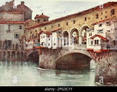 Study, showing the East Side of the Ponte Vecchio and the Old Houses of the Via de' Bardi painted by Colonel Robert Charles Goff from the book ' Florence & some Tuscan cities ' by Clarissa Goff Published by A & C Black in 1905 Stock Photo