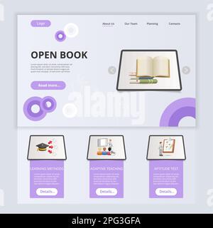 Open book flat landing page website template. Learning methods, adaptive teaching, aptitude test. Web banner with header, content and footer. Vector Stock Vector