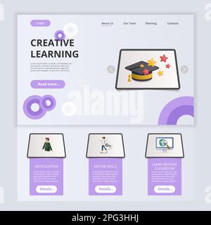 Creative learning flat landing page website template. Articulation, motor skills, learn beyond classroom. Web banner with header, content and footer Stock Vector