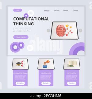 Computational thinking flat landing page website template. Learning methods, imagination, open book. Web banner with header, content and footer Stock Vector