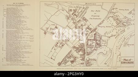 Plan of  Eton College 1900's from the book ' Eton ' By Christopher Reynolds Stone,  Published in London by A. & C. Black in 1909. Eton College is a public school in Eton, Berkshire, England. It was founded in 1440 by Henry VI under the name Kynge's College of Our Ladye of Eton besyde Windesore Stock Photo