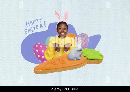 Composite collage image of mini cheerful girl arms make bunny paws painted eggs carrot shape cookie happy easter postcard Stock Photo