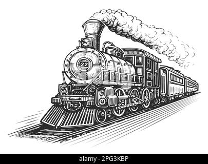Hand drawn moving retro train, sketch illustration. Vintage railway steam locomotive in style of old engraving Stock Photo