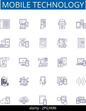 Mobile technology line icons signs set. Design collection of Smartphone, Apps, Network, Wireless, GPS, Bluetooth, LTE, 4G outline concept vector Stock Vector
