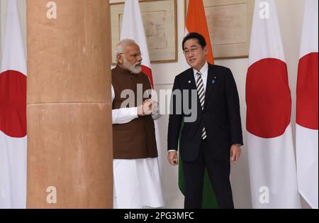 New Delhi, India. 20th Mar, 2023. Indian Prime Minister Narendra Modi meets with his Japanese counterpart Fumio Kishida. Two Prime Ministers are to discuss defense security, economic ties, and clean energy partnership in the background of the Russia-Ukrain war. (Photo by Sondeep Shankar/Pacific Press) Credit: Pacific Press Media Production Corp./Alamy Live News Stock Photo