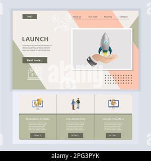 Launch flat landing page website template. Funding platform, collaboration, online donation. Web banner with header, content and footer. Vector Stock Vector