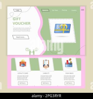 Gift voucher flat landing page website template. Loyalty card, liability, cash back. Web banner with header, content and footer. Vector illustration. Stock Vector