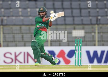 Tawhid Hridoy bats during the Bangladesh-Ireland 1st ODI match at Sylhet International Cricket Stadium, Lakkarura, Sylhet, Bangladesh. Stock Photo