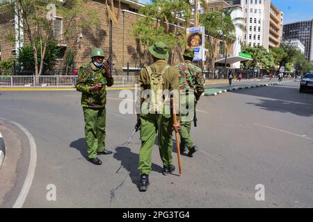 Nairobi, Kenya. 20th Mar, 2023. Anti-riot police patrol downtown Nairobi streets during mass action organised by the opposition leader Raila Odinga. Raila and the opposition are demanding that the government lower the cost of living in the country. Credit: SOPA Images Limited/Alamy Live News Stock Photo