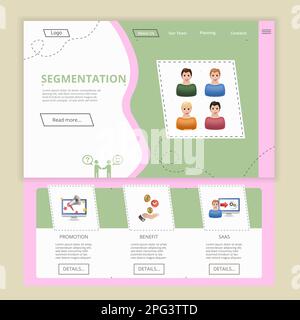 Segmentation flat landing page website template. Promotion, benefit, SAAS. Web banner with header, content and footer. Vector illustration. Stock Vector