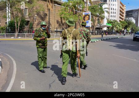 Nairobi, Kenya. 20th Mar, 2023. Anti-riot police patrol downtown Nairobi streets during mass action organised by the opposition leader Raila Odinga. Raila and the opposition are demanding that the government lower the cost of living in the country. (Photo by Allan Muturi/SOPA Images/Sipa USA) Credit: Sipa USA/Alamy Live News Stock Photo