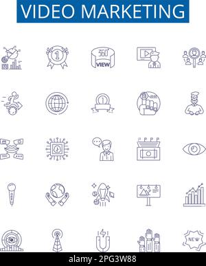 Video marketing line icons signs set. Design collection of video, marketing, production, advertising, strategy, YouTube, campaign, promotion outline Stock Vector