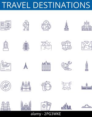 Travel destinations line icons signs set. Design collection of India, Mexico, France, Japan, Italy, Thailand, Spain, Canada outline concept vector Stock Vector