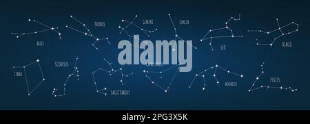 Zodiac Constellations set with names on dark blue Background Stock Vector