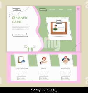 Member card flat landing page website template. Credit card, bonus, partnership. Web banner with header, content and footer. Vector illustration. Stock Vector