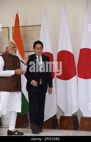 New Delhi, India. 20th Mar, 2023. Indian Prime Minister Narendra Modi meets with his Japanese counterpart Fumio Kishida. Two Prime Ministers are to discuss defense security, economic ties, and clean energy partnership in the background of the Russia-Ukrain war. (Credit Image: © Sondeep Shankar/Pacific Press via ZUMA Press Wire) EDITORIAL USAGE ONLY! Not for Commercial USAGE! Stock Photo