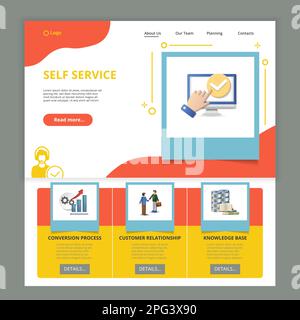 Self service flat landing page website template. Conversion process, customer relationship, knowledge base. Web banner with header, content and footer Stock Vector