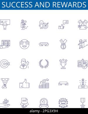 Success and rewards line icons signs set. Design collection of Achievement, Triumph, Honor, Profit, Riches, Gain, Prudence, Merit outline concept Stock Vector
