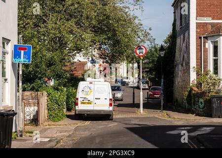 A set of bollards creates a 'modal filter', diverting motor traffic to discourage use of a small residential street as a through route, in Bristol. Stock Photo