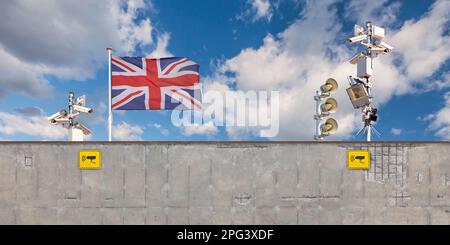 Conceptual image of an English border security wall with United Kingdom flag and surveillance camera's Stock Photo
