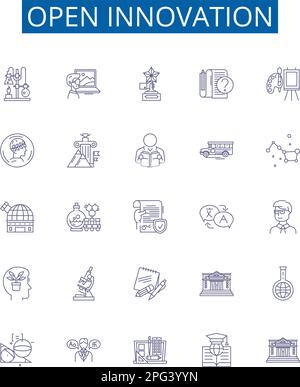 Open innovation line icons signs set. Design collection of Open, Innovation, Collaboration, Sharing, Co Creation, Knowledge, Platforms, Exchange Stock Vector