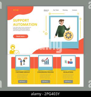 Support automation flat landing page website template. Customer service, conversion process, escalations. Web banner with header, content and footer Stock Vector