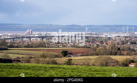 The industrial cityscape of Avonmouth Docks in Bristol, with the M5 Avonmouth Bridge in front, and the Severn estuary, M4 Second Second Crossing, Wye Stock Photo