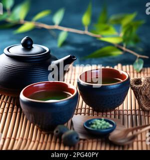 Asian tea set. Japanese teapot and cups on bamboo mat. generative