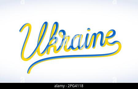 Ukraine lettering text in Ukrainian national flag colors. Creative hand drawn inscription Isolated Stock Vector