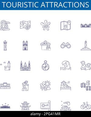 Touristic attractions line icons signs set. Design collection of Attractions, Tourism, Sites, Sightseeing, Vacations, Places, Views, Excursions Stock Vector