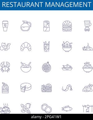Restaurant management line icons signs set. Design collection of Dining, Menu, Food, Staff, Orders, Costs, Accounting, Security outline concept vector Stock Vector