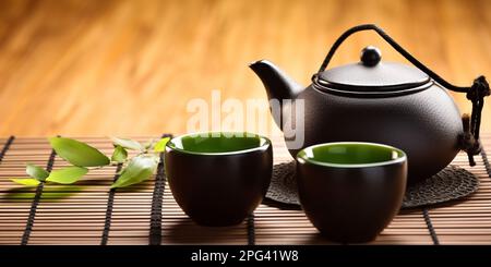 Asian Tea Set. Hot Tea In Pot And Teacups. Japanese Teapot And Cups On  Bamboo Mat Stock Photo, Picture and Royalty Free Image. Image 200564531.