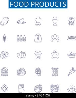 Food products line icons signs set. Design collection of Produce, Meat, Dairy, Groceries, Canned, Frozen, Baked, Confectionery outline concept vector Stock Vector