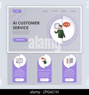 Ai customer service flat landing page website template. System monitoring, potential clients, database architecture. Web banner with header, content Stock Vector