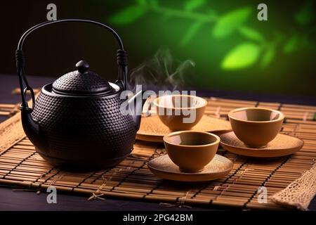 https://l450v.alamy.com/450v/2pg42bm/asian-tea-set-hot-tea-in-pot-and-teacups-japanese-teapot-and-cups-on-bamboo-mat-2pg42bm.jpg