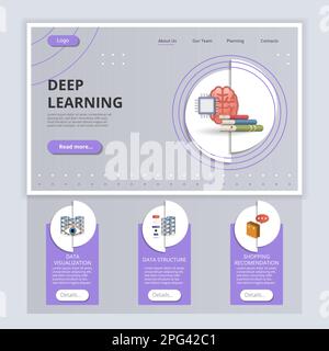 Deep learning flat landing page website template. Data visualization, data structure, shopping recomedation. Web banner with header, content and Stock Vector