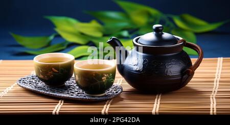 Asian tea set. Hot tea in pot and teacups. Japanese teapot and cups on  bamboo mat Stock Photo - Alamy