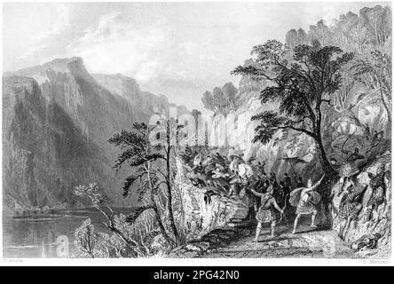 Engraving of the Pass of Awe, Argyleshire, Scotland UK scanned at high resolution from a book printed in 1840.  Battle of the Pass of Brander in 1308. Stock Photo