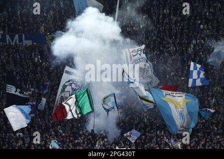 Rome, Italie. 19th Mar, 2023. Supporters of Lazio during the Italian championship Serie A football match between SS Lazio and AS Roma on March 19, 2023 at Stadio Olimpico in Rome, Italy - Photo Federico Proietti/DPPI Credit: DPPI Media/Alamy Live News Stock Photo