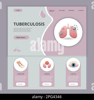 Tuberculosis flat landing page website template. Varicose, uremia, uveitis. Web banner with header, content and footer. Vector illustration. Stock Vector