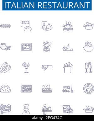 Italian restaurant line icons signs set. Design collection of Italian, restaurant, cuisine, pasta, pizza, bread, garlic, basil outline concept vector Stock Vector